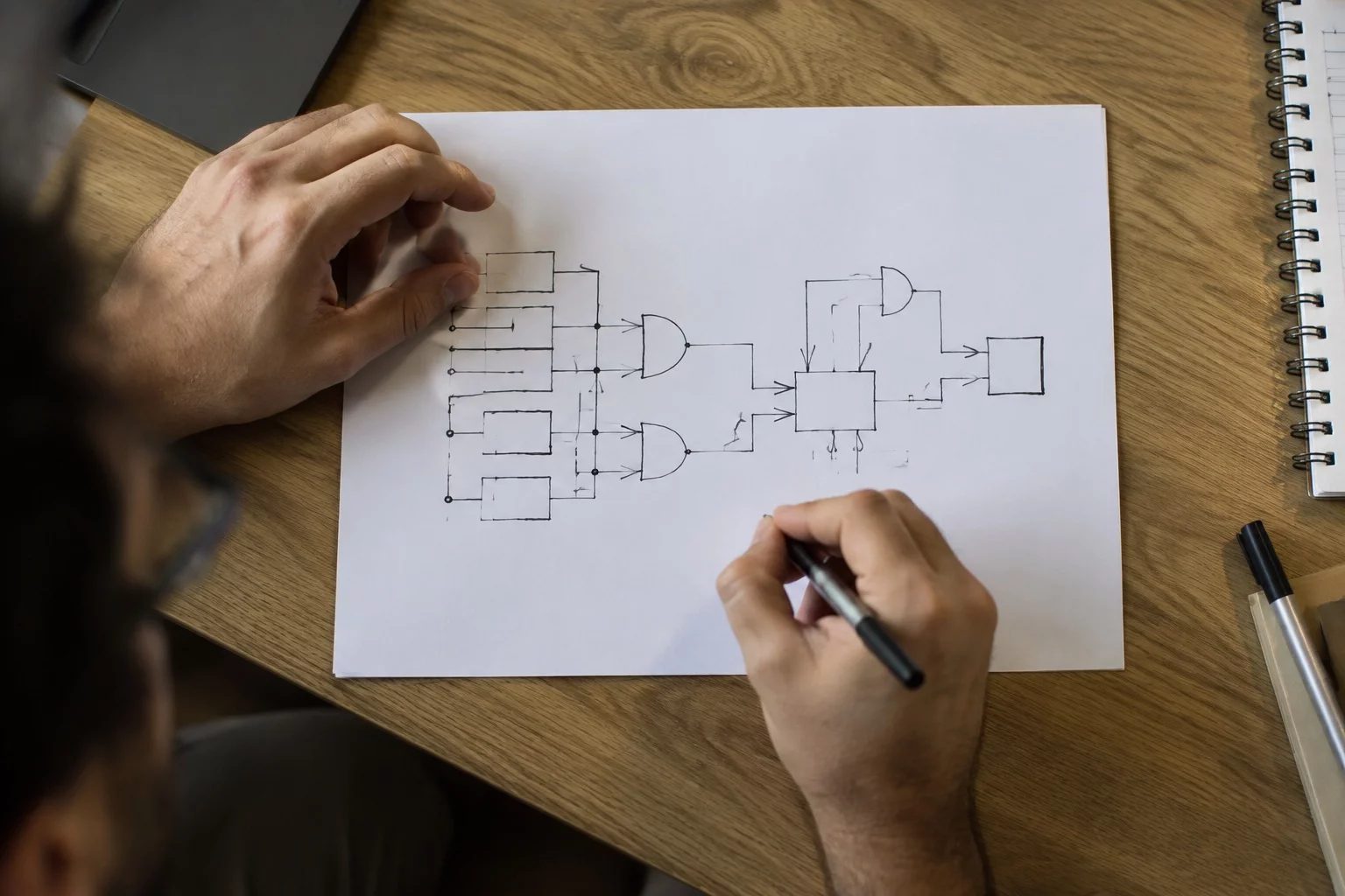 Vista de cima de uma mesa com um diagrama de lógica desenhado à mão