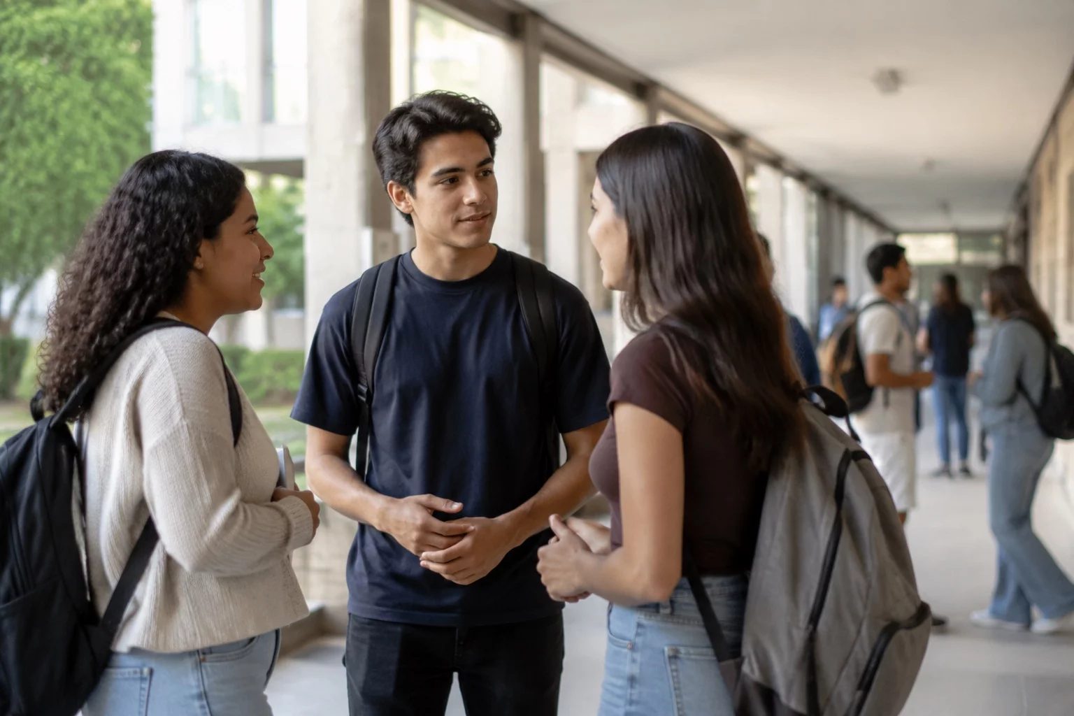 Estudantes com mochilas conversando no corredor de uma universidade