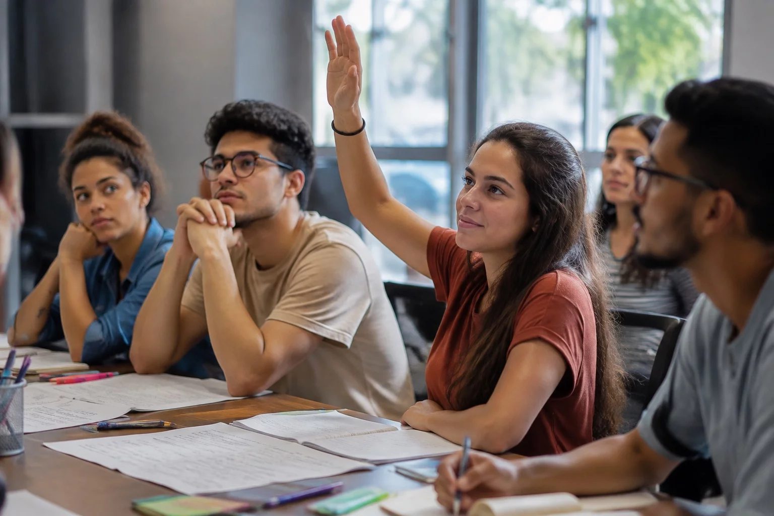 Estudante levantando a mão em uma mesa de seminário coberta de anotações