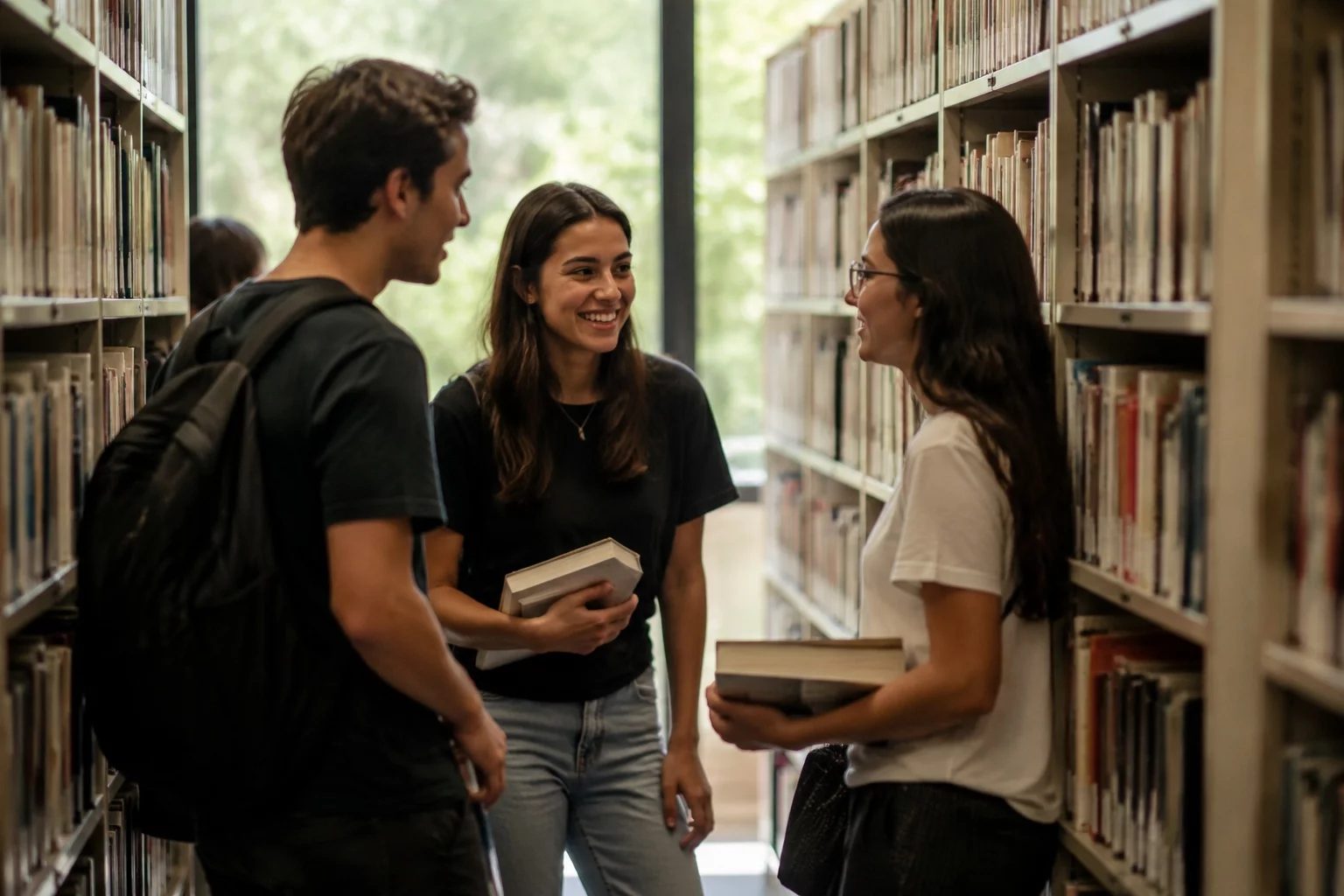 Estudantes conversando em pé entre as estantes de uma biblioteca