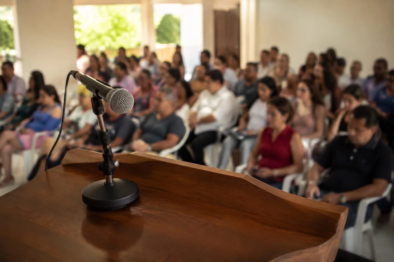 Microfone sobre uma tribuna, com a plateia sentada desfocada ao fundo