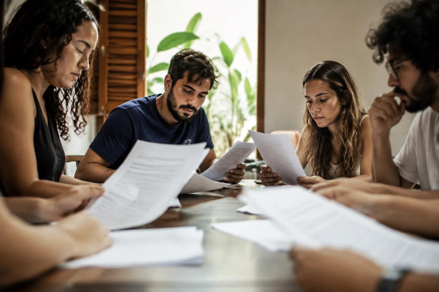 Grupo pequeno lendo páginas impressas de argumentos ao redor de uma mesa