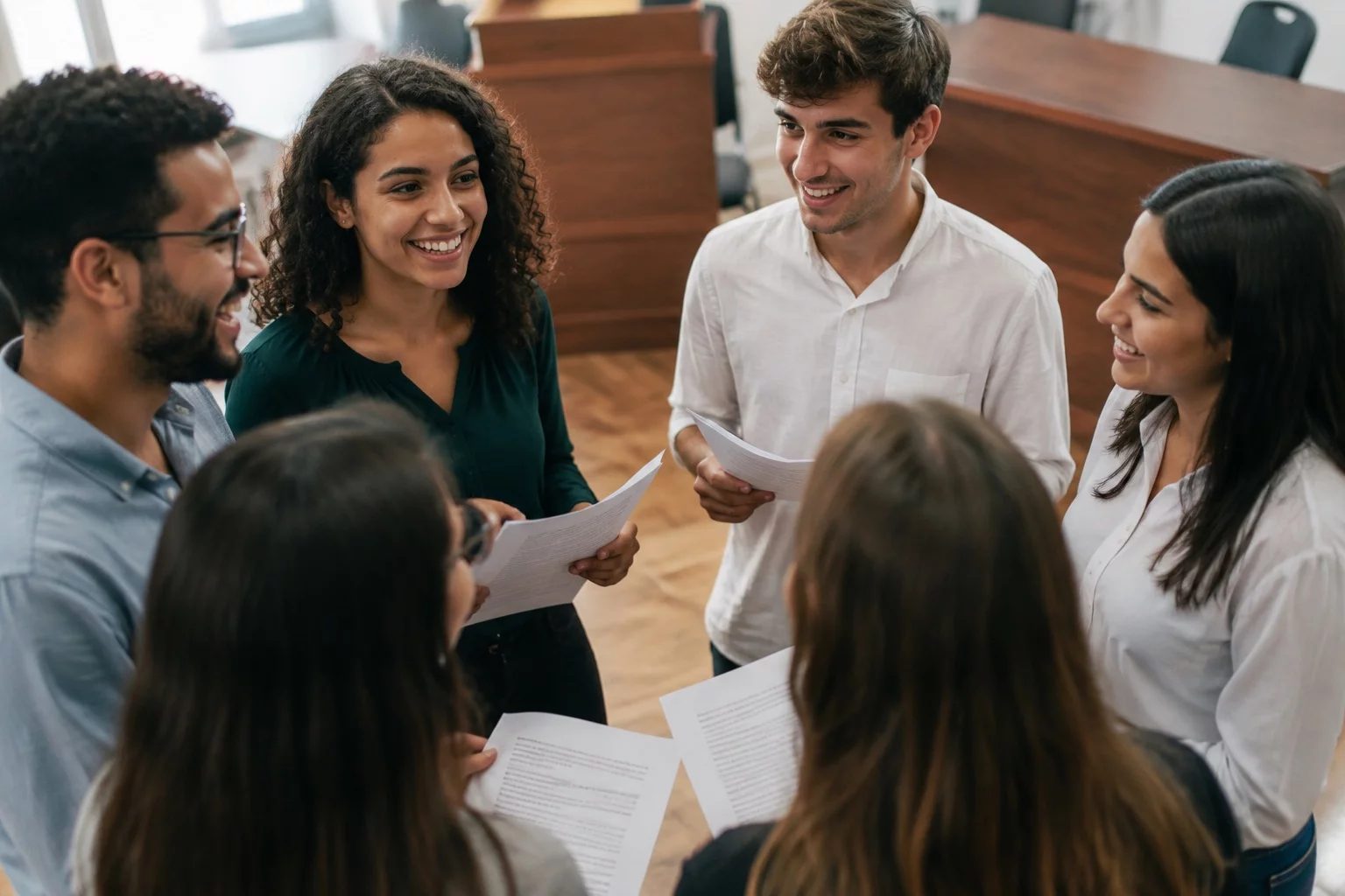 Grupo sorrindo após uma rodada de debate, com papéis nas mãos